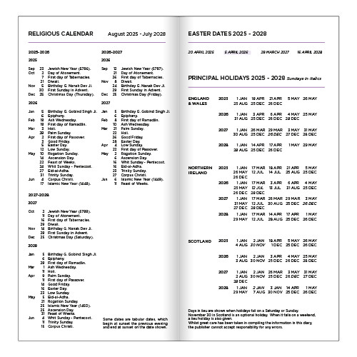 Example pages from a Pirongs Slim Diary showing a two page spread with conventional and religious calendars Example pages from a Pirongs Slim Diary showing a two page spread with conventional and religious calendars