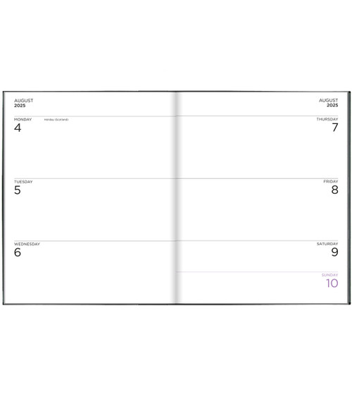 Example pages from a Pirongs standard A5+ week to view diary showing a weekly spread for August 2025 Example pages from a Pirongs standard A5+ week to view diary showing a weekly spread for August 2025
