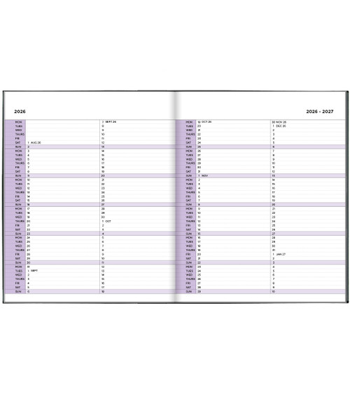 Example pages from a Pirongs standard A5+ week to view diary showing continuation calendar for 2026-2027 Example pages from a Pirongs standard A5+ week to view diary showing continuation calendar for 2026-2027