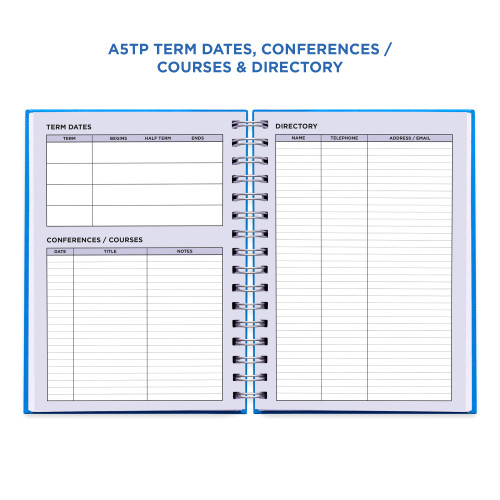 Example pages from a Pirongs Teacher Planner, showing term dates, conferences / courses and directory pages Example pages from a Pirongs Teacher Planner, showing term dates, conferences / courses and directory pages