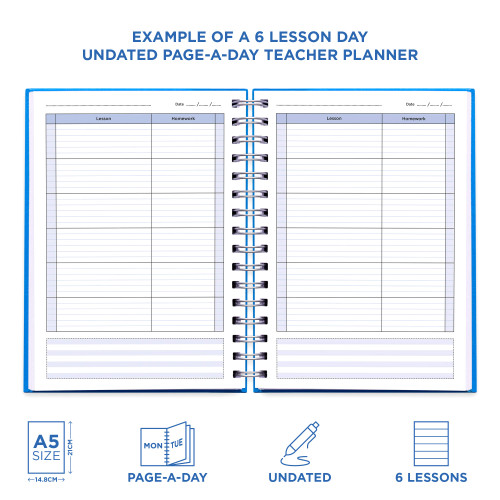 Example pages from a Pirongs Teacher Planner with 6 lesson undated page-a-day planning pages Example pages from a Pirongs Teacher Planner with 6 lesson undated page-a-day planning pages