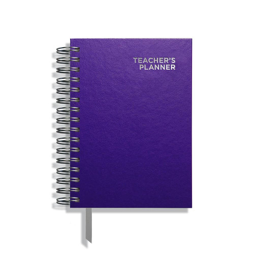 Pirongs Teacher Planner with a purple cover and TEACHER PLANNER embossed on the cover in silver foil, with a silver wire and grey ribbon Pirongs Teacher Planner with a purple cover and TEACHER PLANNER embossed on the cover in silver foil, with a silver wire and grey ribbon