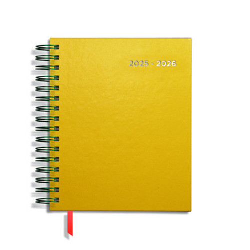 A Pirongs wire-bound diary with 2025-2026 embossed on a yellow cover in silver foil and a florescent pink ribbon A Pirongs wire-bound diary with 2025-2026 embossed on a yellow cover in silver foil and a florescent pink ribbon