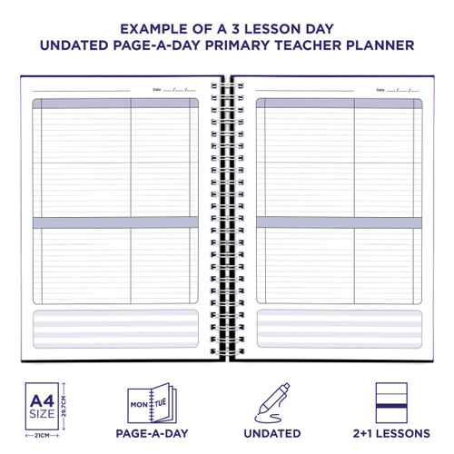 Example pages from a Pirongs Primary Teacher Planner, showing a 3 lesson day page Example pages from a Pirongs Primary Teacher Planner, showing a 3 lesson day page