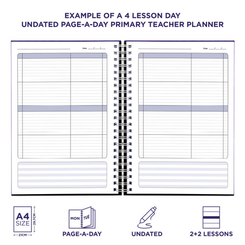 Example pages from a Pirongs Primary Teacher Planner, showing a 4 lesson day page Example pages from a Pirongs Primary Teacher Planner, showing a 4 lesson day page