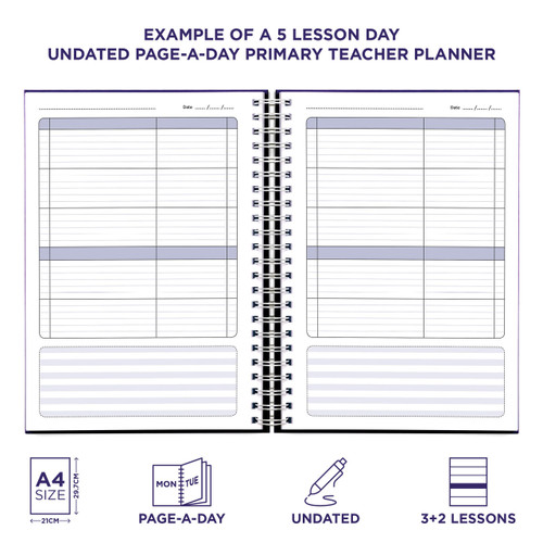 Example pages from a Pirongs Primary Teacher Planner, showing a 5 lesson day page Example pages from a Pirongs Primary Teacher Planner, showing a 5 lesson day page