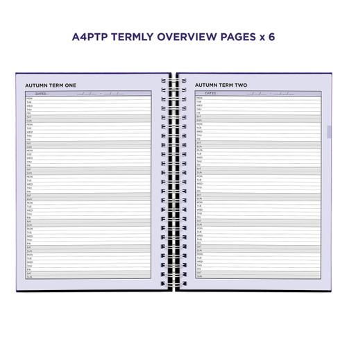 Example pages from a Pirongs Primary Teacher Planner, showing a termly planner page spread Example pages from a Pirongs Primary Teacher Planner, showing a termly planner page spread