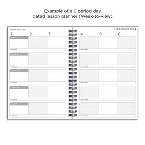 Example pages from a Pirongs Teacher Planner, showing 6 lesson day, week-to-view dated pages Example pages from a Pirongs Teacher Planner, showing 6 lesson day, week-to-view dated pages