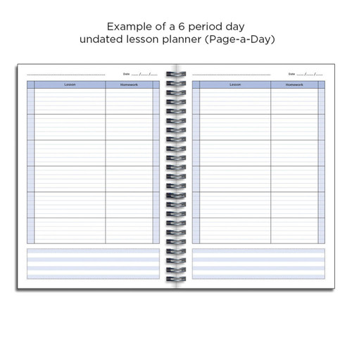 Example pages from a Pirongs Teacher Planner, showing 6 lesson day, page-a-day undated pages Example pages from a Pirongs Teacher Planner, showing 6 lesson day, page-a-day undated pages