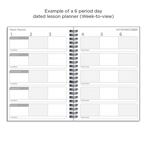 Example pages from a Pirongs Teacher Planner, showing 6 lesson day, week-to-view dated pages Example pages from a Pirongs Teacher Planner, showing 6 lesson day, week-to-view dated pages