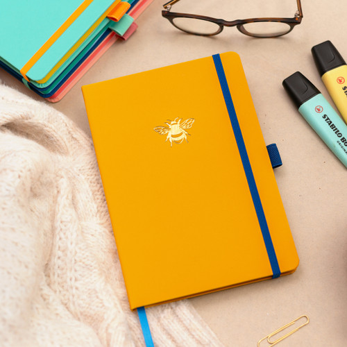Pirongs Yellow and Navy A5 Lined Notebook with Gold Foil Bee Icon