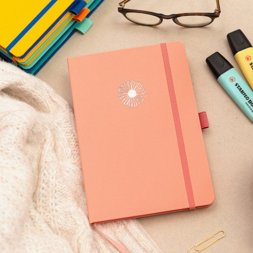 Pirongs Peach and Pink A5 Lined Notebook with Silver Foil Daisy Icon