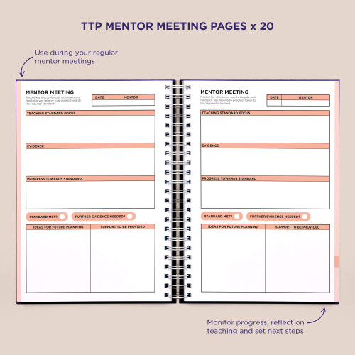Inside Pirongs trainee teacher planner showing mentor meeting pages Inside Pirongs trainee teacher planner showing mentor meeting pages