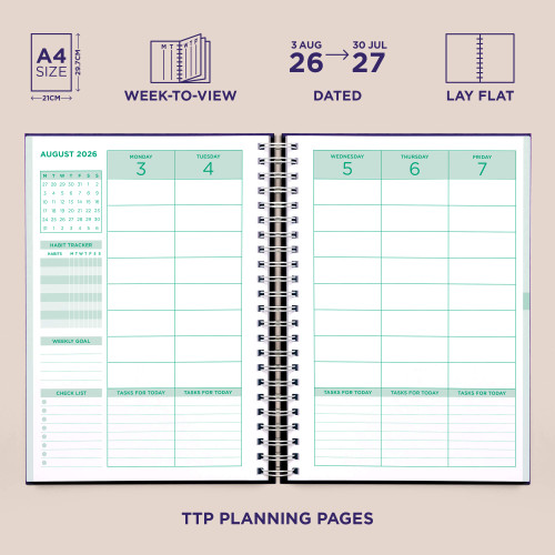 Inside weekly spread of Pirongs trainee teacher planner showing week-to-view layout with weekly goals and habit tracker Inside weekly spread of Pirongs trainee teacher planner showing week-to-view layout with weekly goals and habit tracker