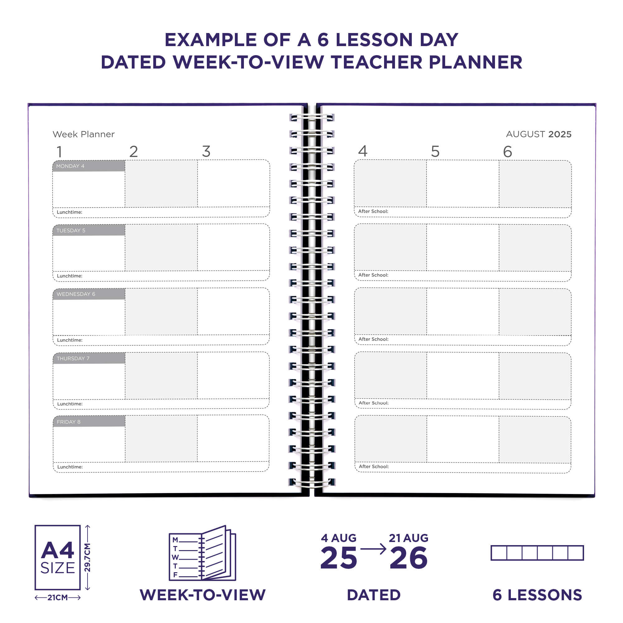 Example pages from a Pirongs Teacher Planner with 6 lesson dated week-to-view planning pages Example pages from a Pirongs Teacher Planner with 6 lesson dated week-to-view planning pages