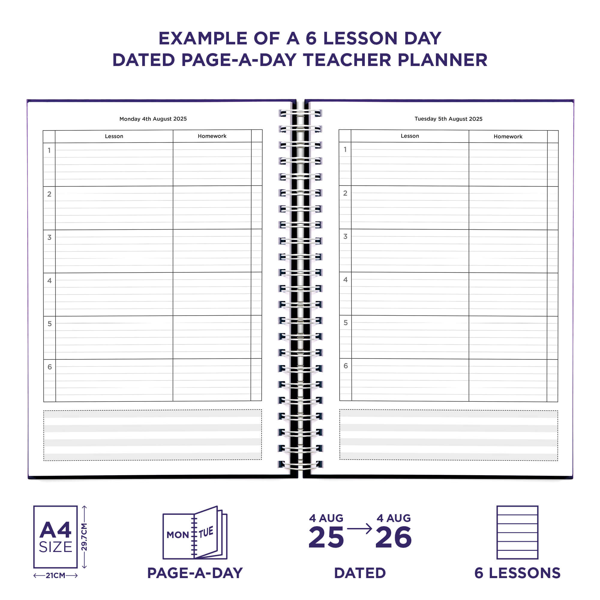 Example pages from a Pirongs Teacher Planner with 6 lesson dated page-a-day planning pages Example pages from a Pirongs Teacher Planner with 6 lesson dated page-a-day planning pages