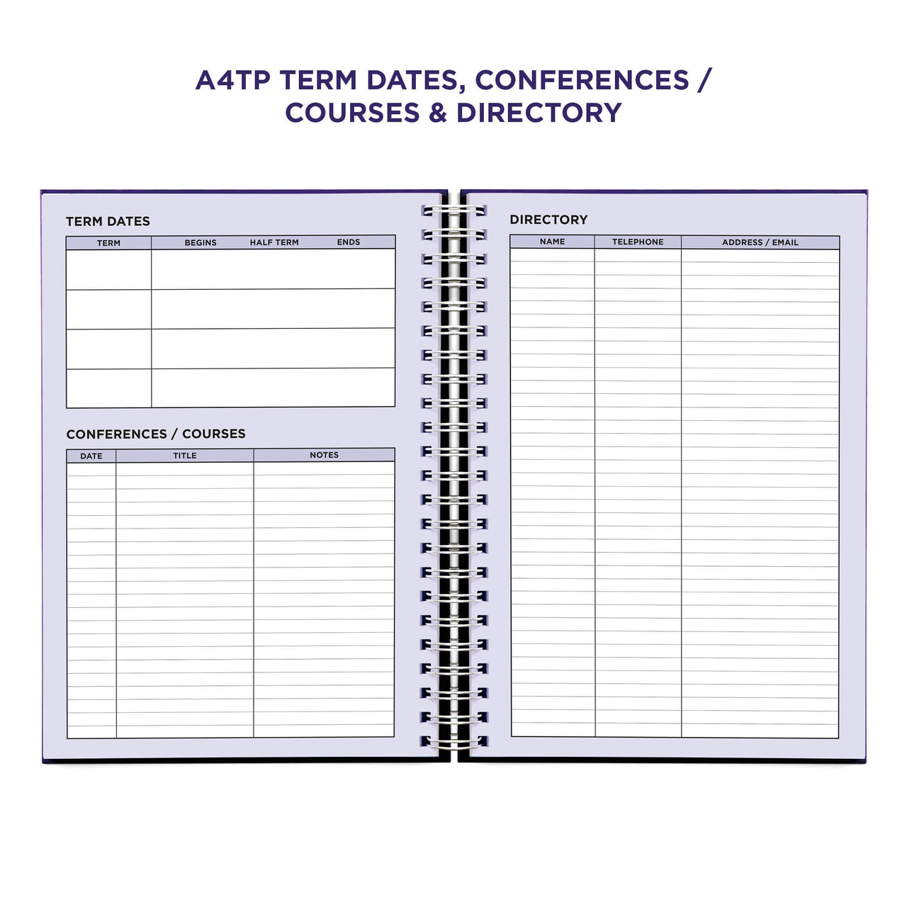 Example pages from a Pirongs Teacher Planner, showing term dates, conferences / courses and directory pages Example pages from a Pirongs Teacher Planner, showing term dates, conferences / courses and directory pages
