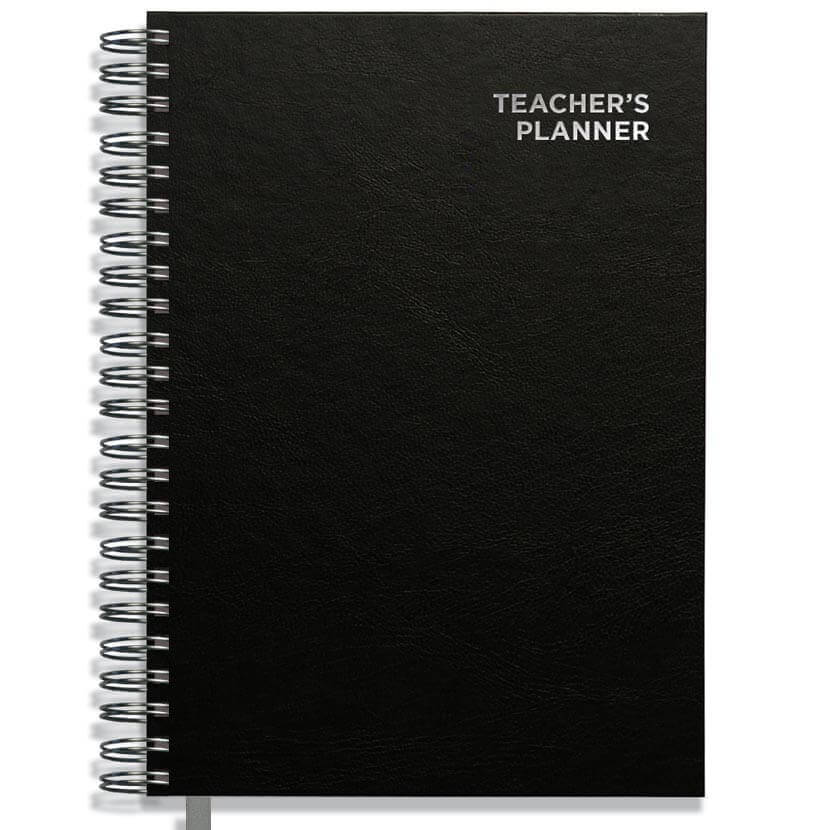 Pirongs black A4 Teacher Planner with TEACHER PLANNER embossed in silver foil, with a silver wire and grey ribbon Pirongs black A4 Teacher Planner with TEACHER PLANNER embossed in silver foil, with a silver wire and grey ribbon
