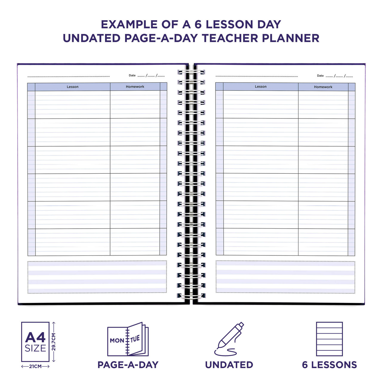 Example pages from a Pirongs Teacher Planner with 6 lesson undated page-a-day planning pages Example pages from a Pirongs Teacher Planner with 6 lesson undated page-a-day planning pages