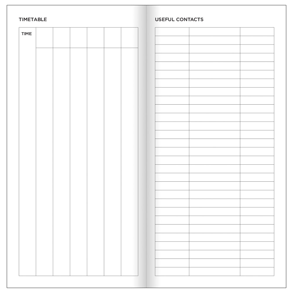 Example pages from a Pirongs Slim Diary showing Timetable and Useful Contacts pages Example pages from a Pirongs Slim Diary showing Timetable and Useful Contacts pages