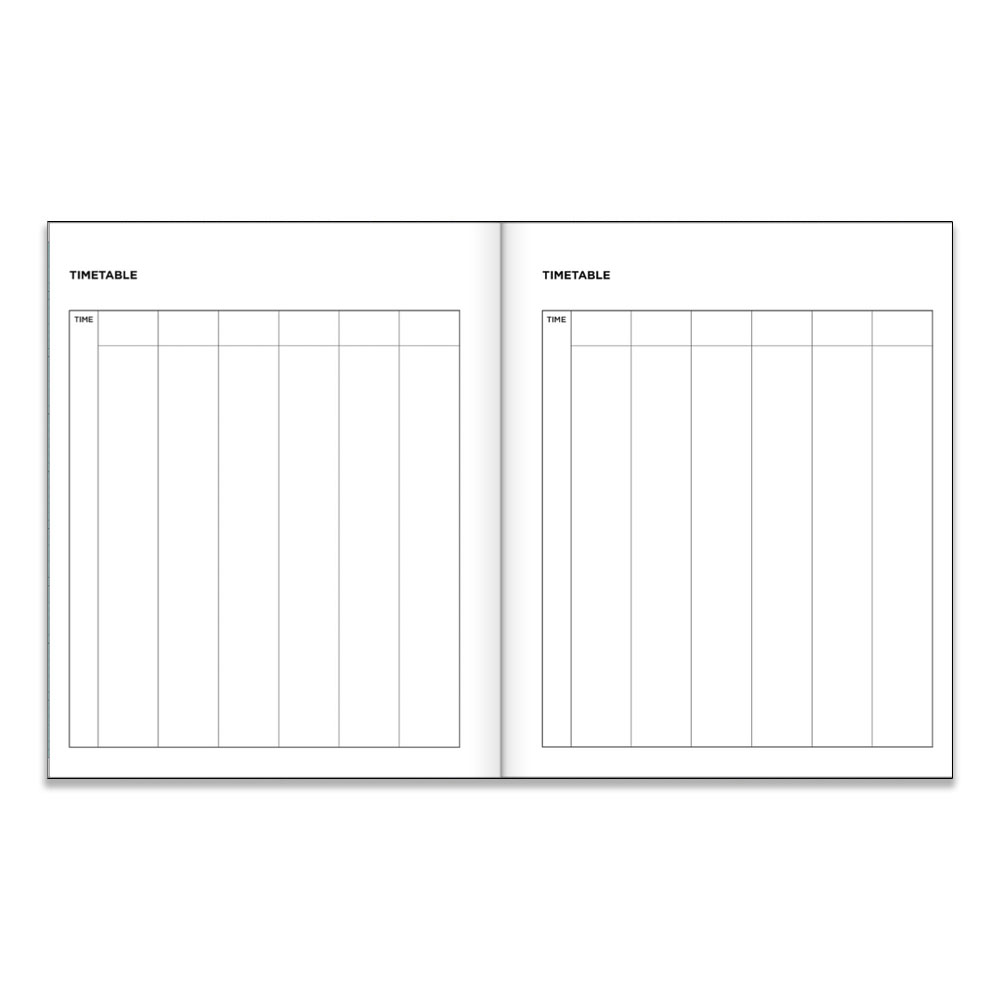 Example pages from a Pirongs standard A5+ week to view diary showing timetable pages