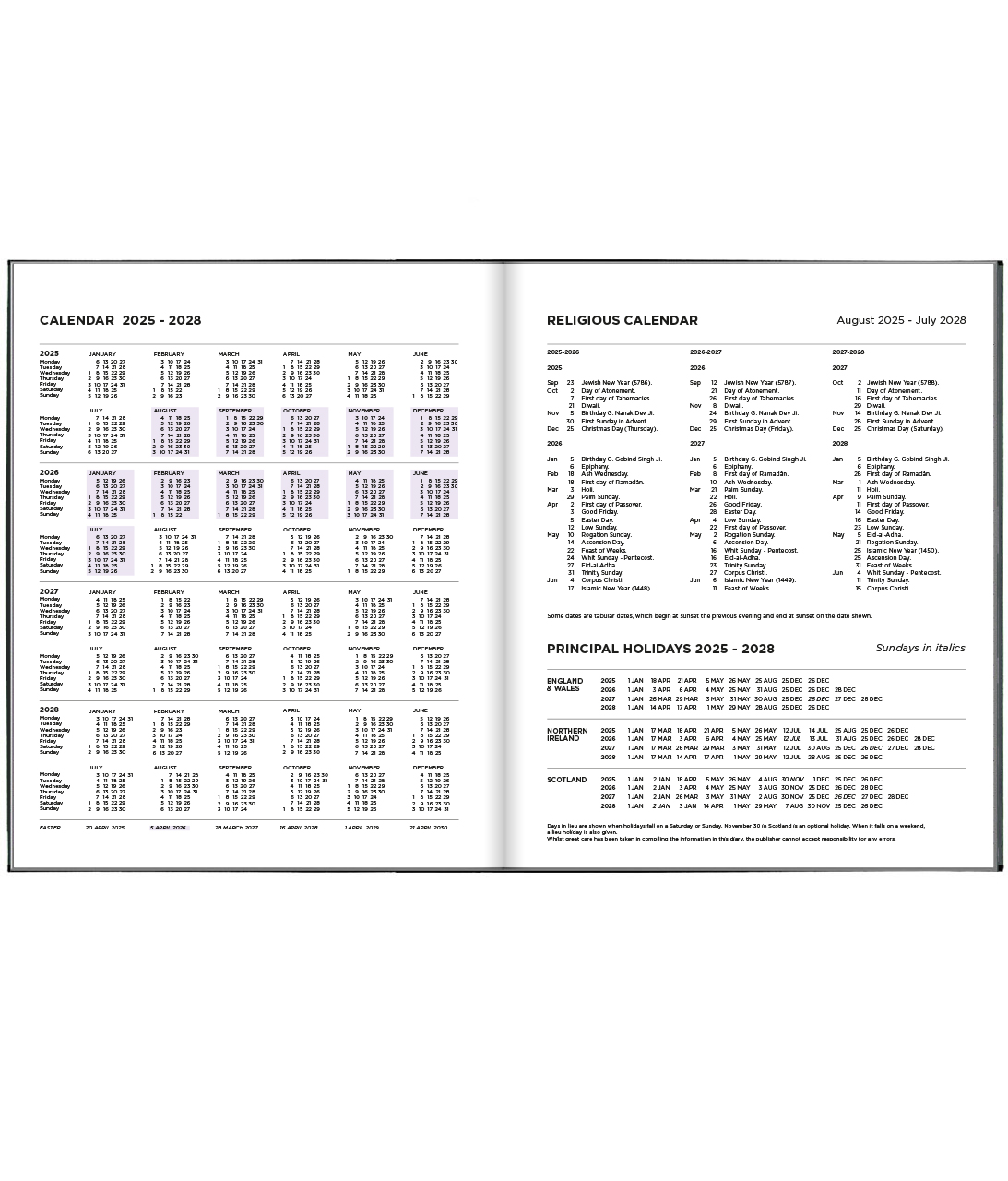 An example of a Pirongs Religious Calendar page spread with a 2025-2029 continuation calendar and UK holiday dates
