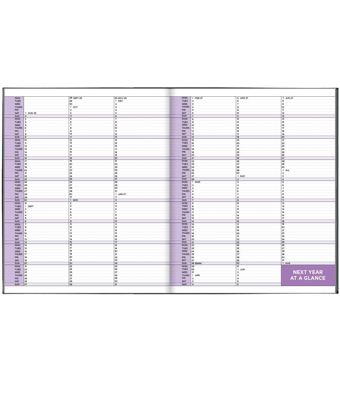An example of a Pirongs Next Year at a Glance  Calendar page spread with a lilac colour scheme and spaces for each day