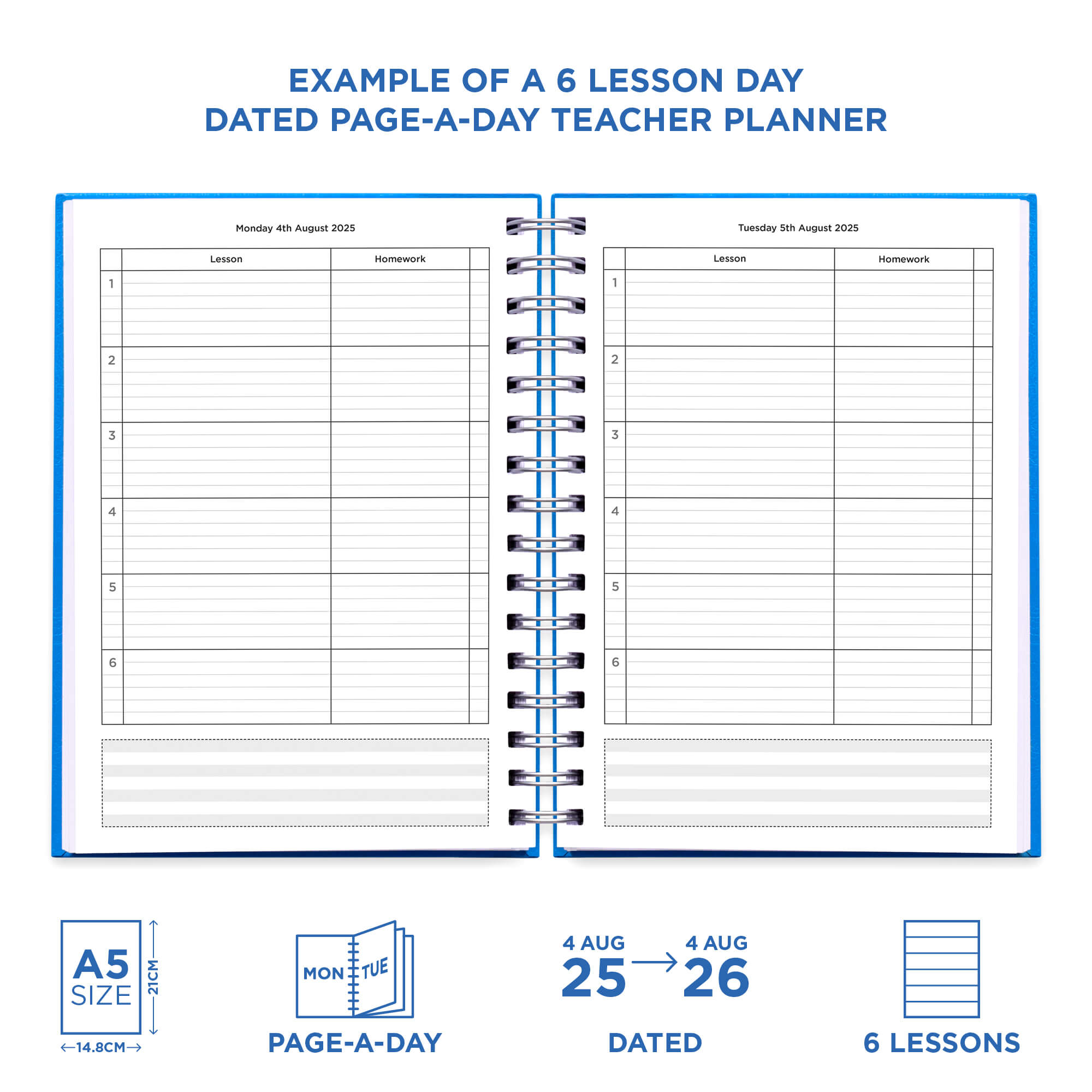 Example pages from a Pirongs Teacher Planner with 6 lesson dated page-a-day planning pages