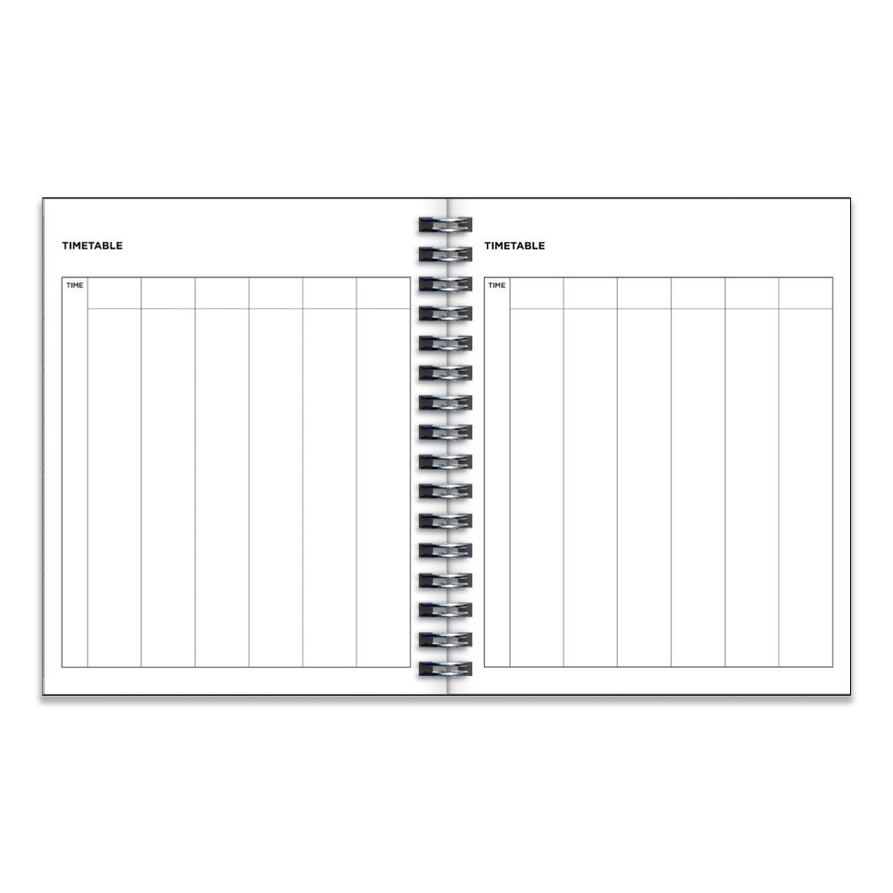 Example pages from a Pirongs standard A5+ week to view diary showing timetable pages