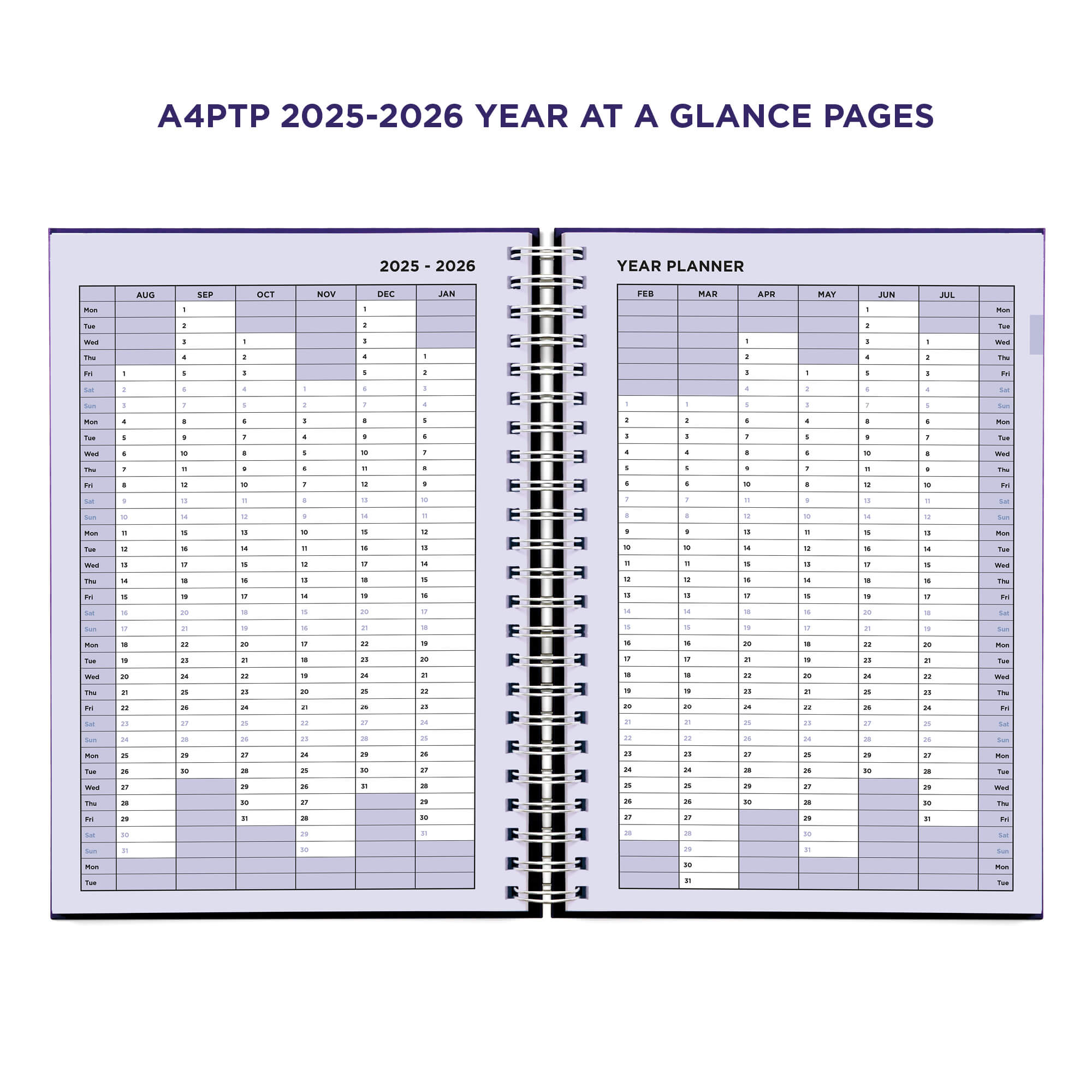 Example pages from a Pirongs Teacher Planner, showing 2025-2026 year planner page spread Example pages from a Pirongs Teacher Planner, showing 2025-2026 year planner page spread