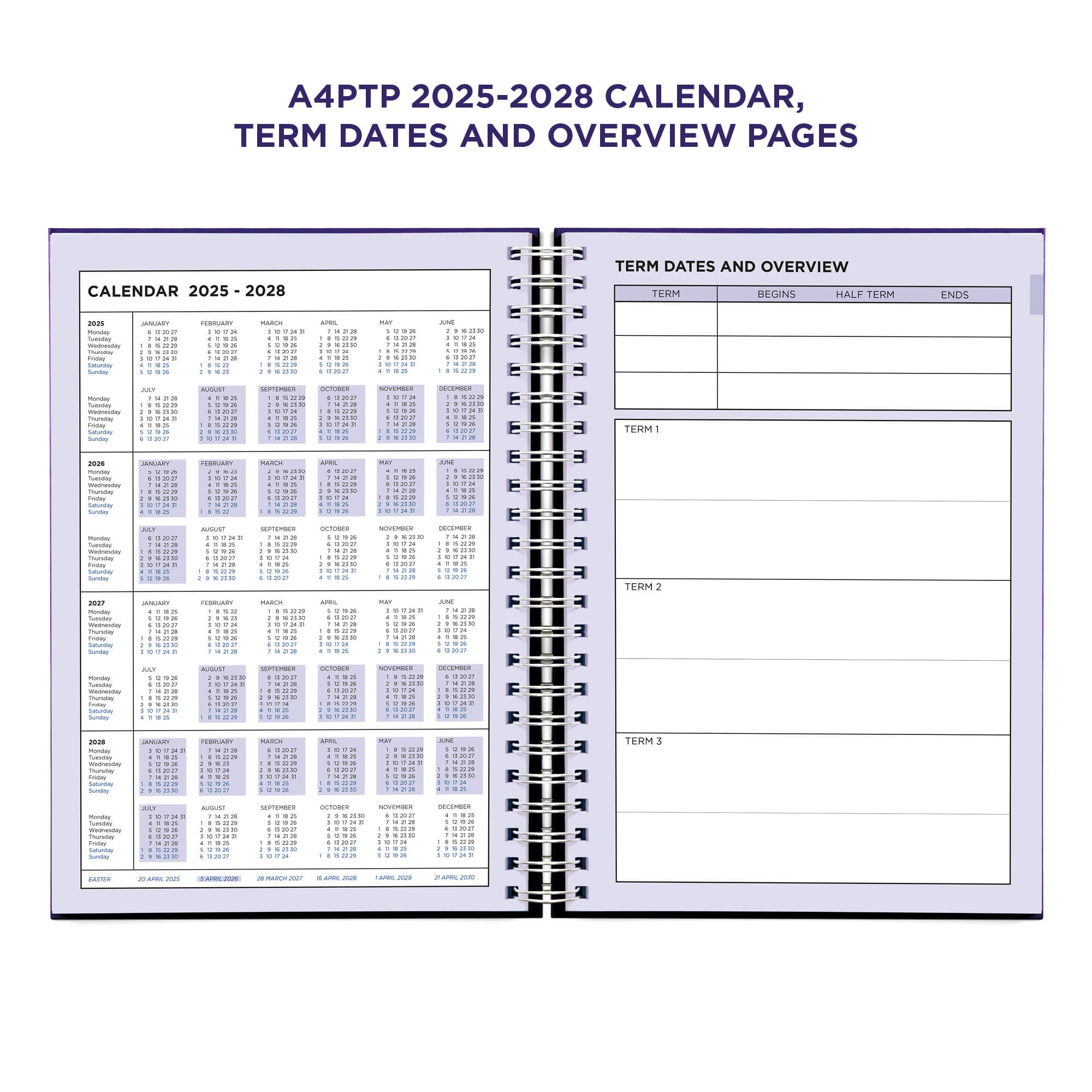 Example pages from a Pirongs Primary Teacher Planner, showing a 4 year continuation calendar and term pages Example pages from a Pirongs Primary Teacher Planner, showing a 4 year continuation calendar and term pages