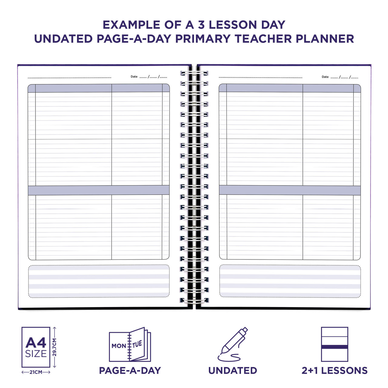 Example pages from a Pirongs Primary Teacher Planner, showing a 3 lesson day page Example pages from a Pirongs Primary Teacher Planner, showing a 3 lesson day page