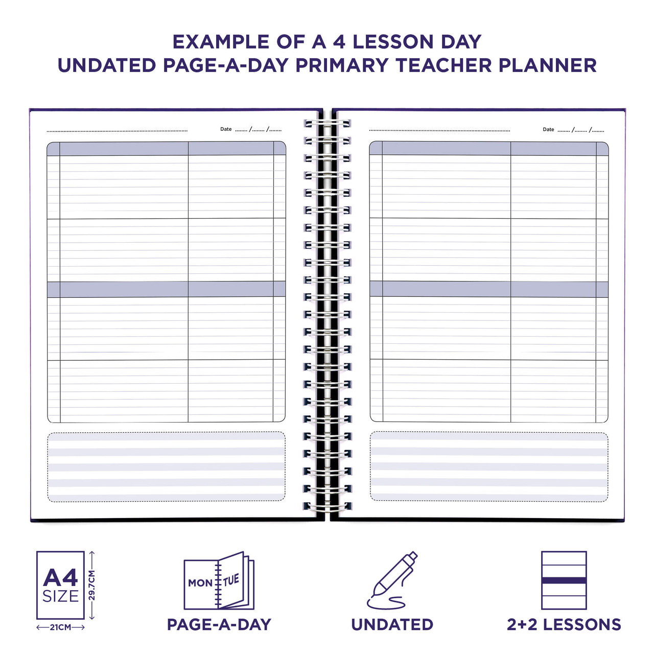 Example pages from a Pirongs Primary Teacher Planner, showing a 4 lesson day page Example pages from a Pirongs Primary Teacher Planner, showing a 4 lesson day page