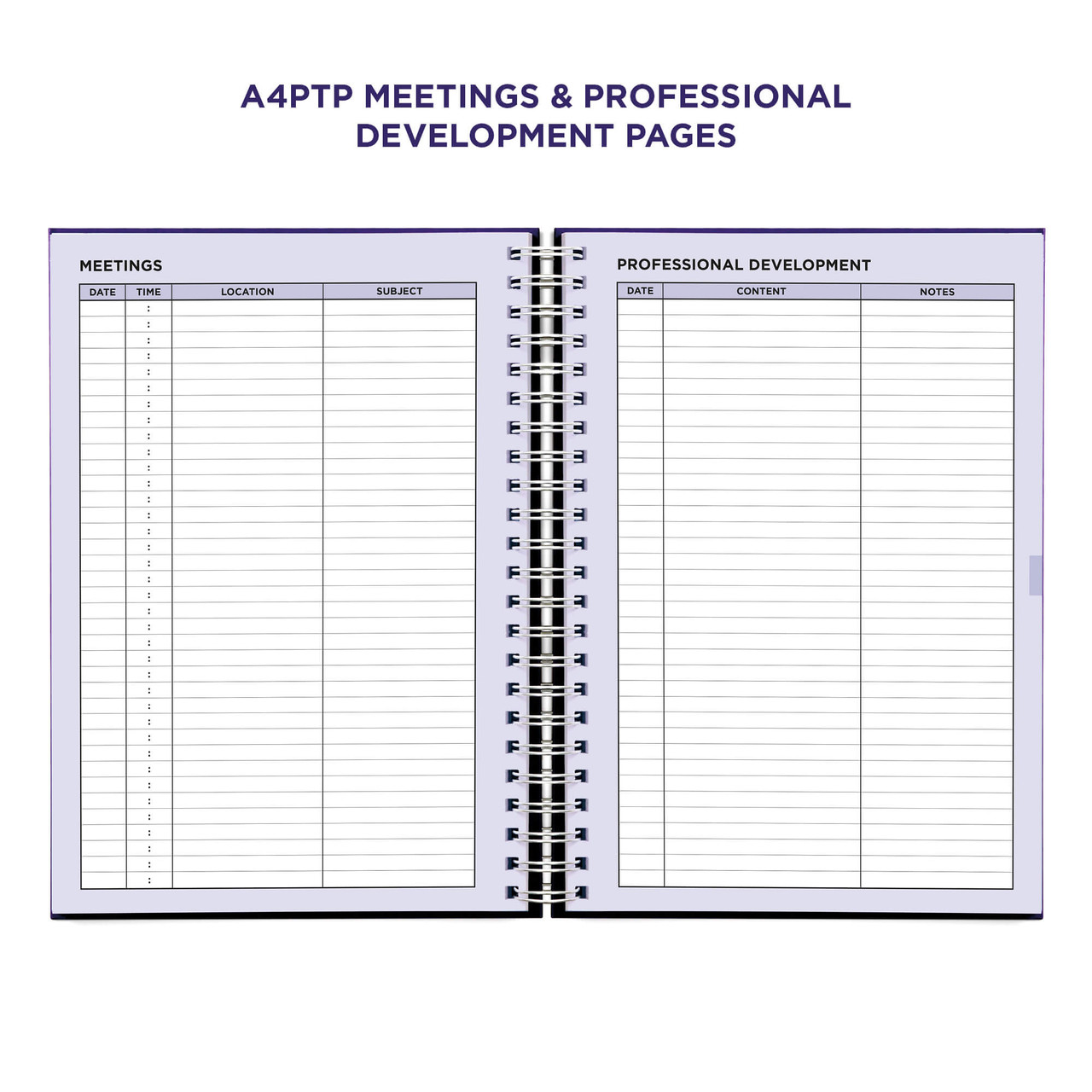 Example pages from a Pirongs Primary Teacher Planner, showing meetings and professional development pages Example pages from a Pirongs Primary Teacher Planner, showing meetings and professional development pages