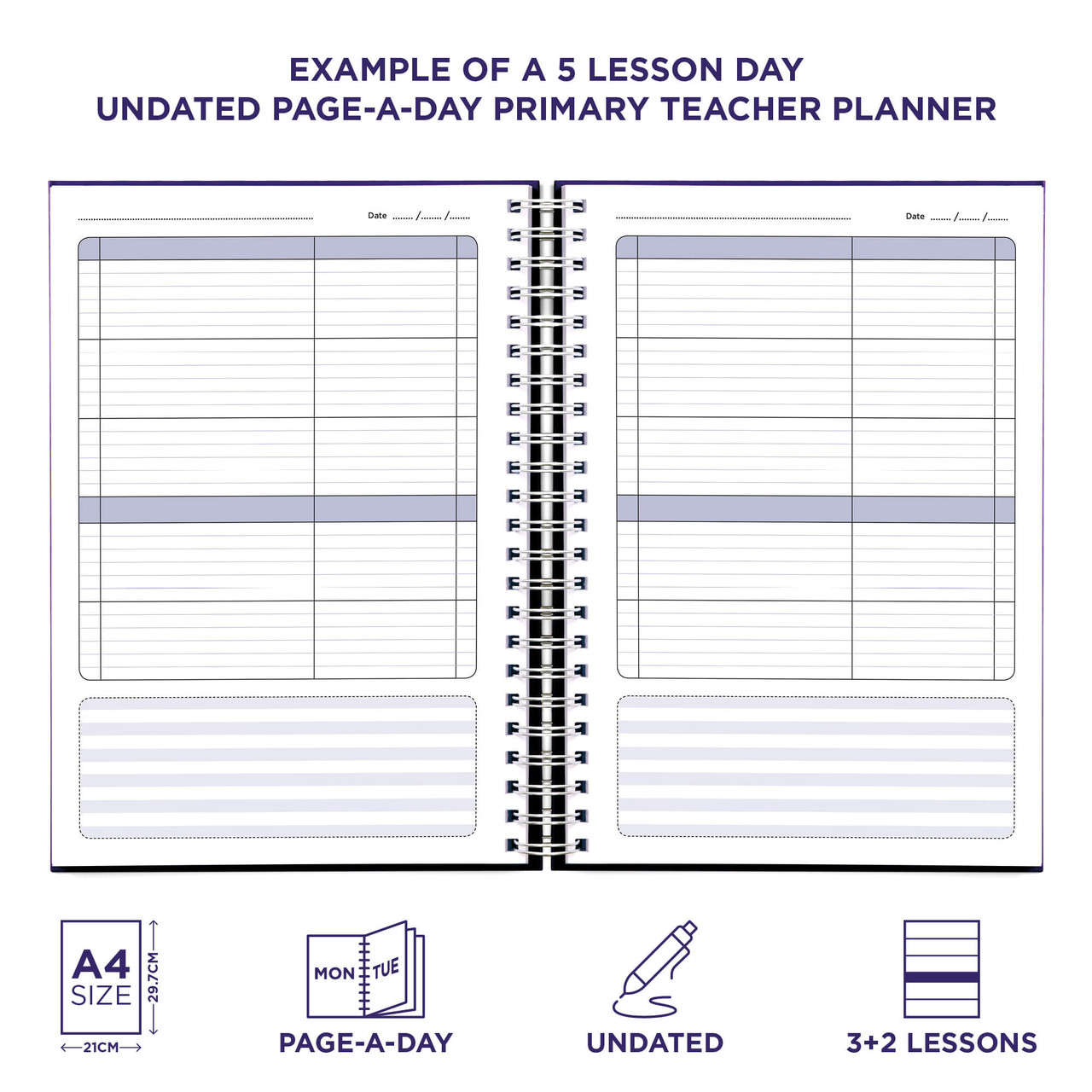 Example pages from a Pirongs Primary Teacher Planner, showing a 5 lesson day page Example pages from a Pirongs Primary Teacher Planner, showing a 5 lesson day page