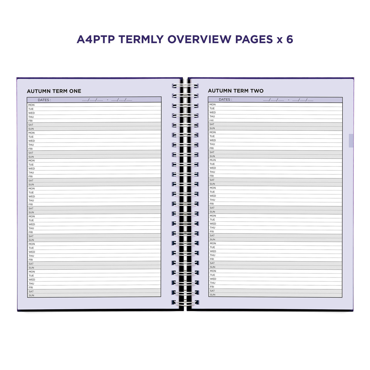 Example pages from a Pirongs Primary Teacher Planner, showing a termly planner page spread Example pages from a Pirongs Primary Teacher Planner, showing a termly planner page spread