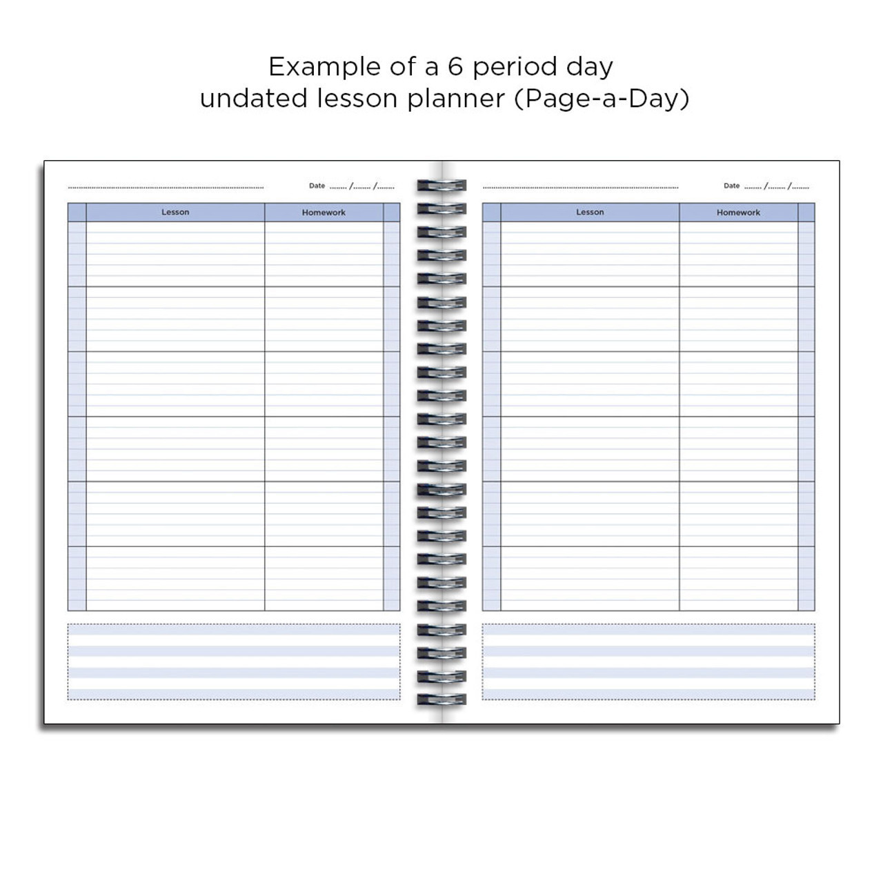 Example pages from a Pirongs Teacher Planner, showing 6 lesson day, page-a-day  undated pages