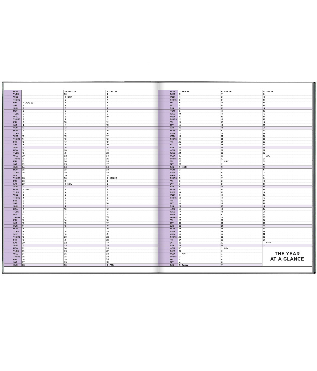 An example of a Pirongs This Year at a Glance  Calendar page spread with a lilac colour scheme and spaces for each day