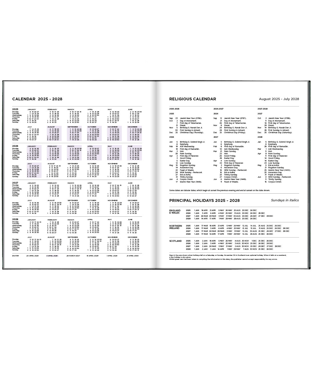 An example of a Pirongs Religious Calendar page spread with a 2025-2029 continuation calendar and UK holiday dates