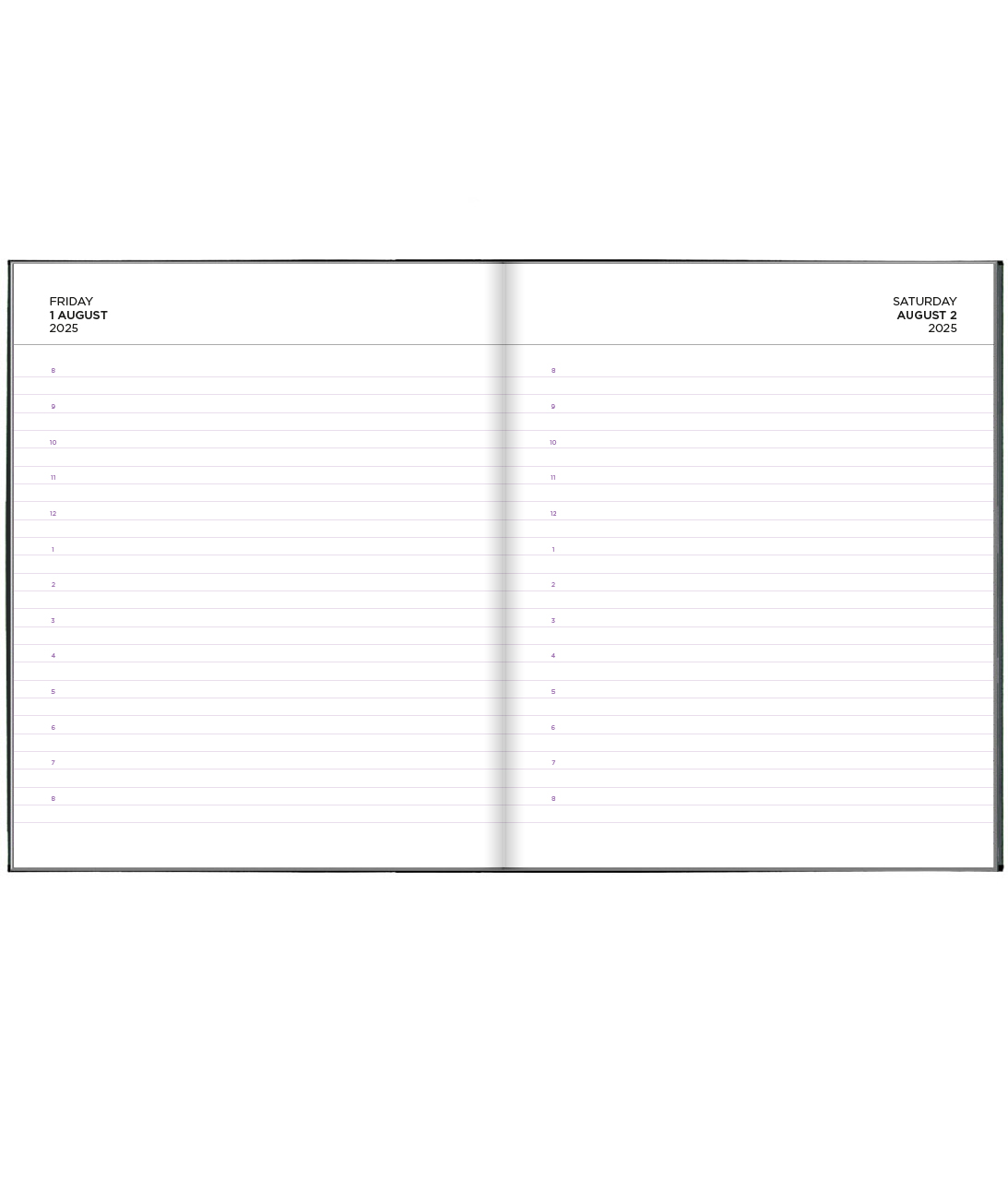 Example pages from a Pirongs Limited Edition A5+ page-a-day diary showing a page-a-day spread for August 2025