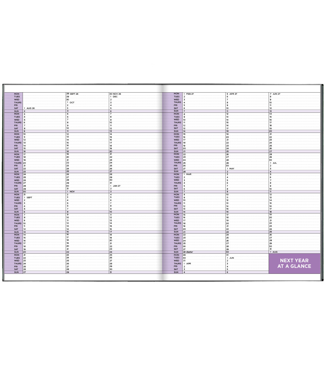 An example of a Pirongs Next Year at a Glance  Calendar page spread with a lilac colour scheme and spaces for each day
