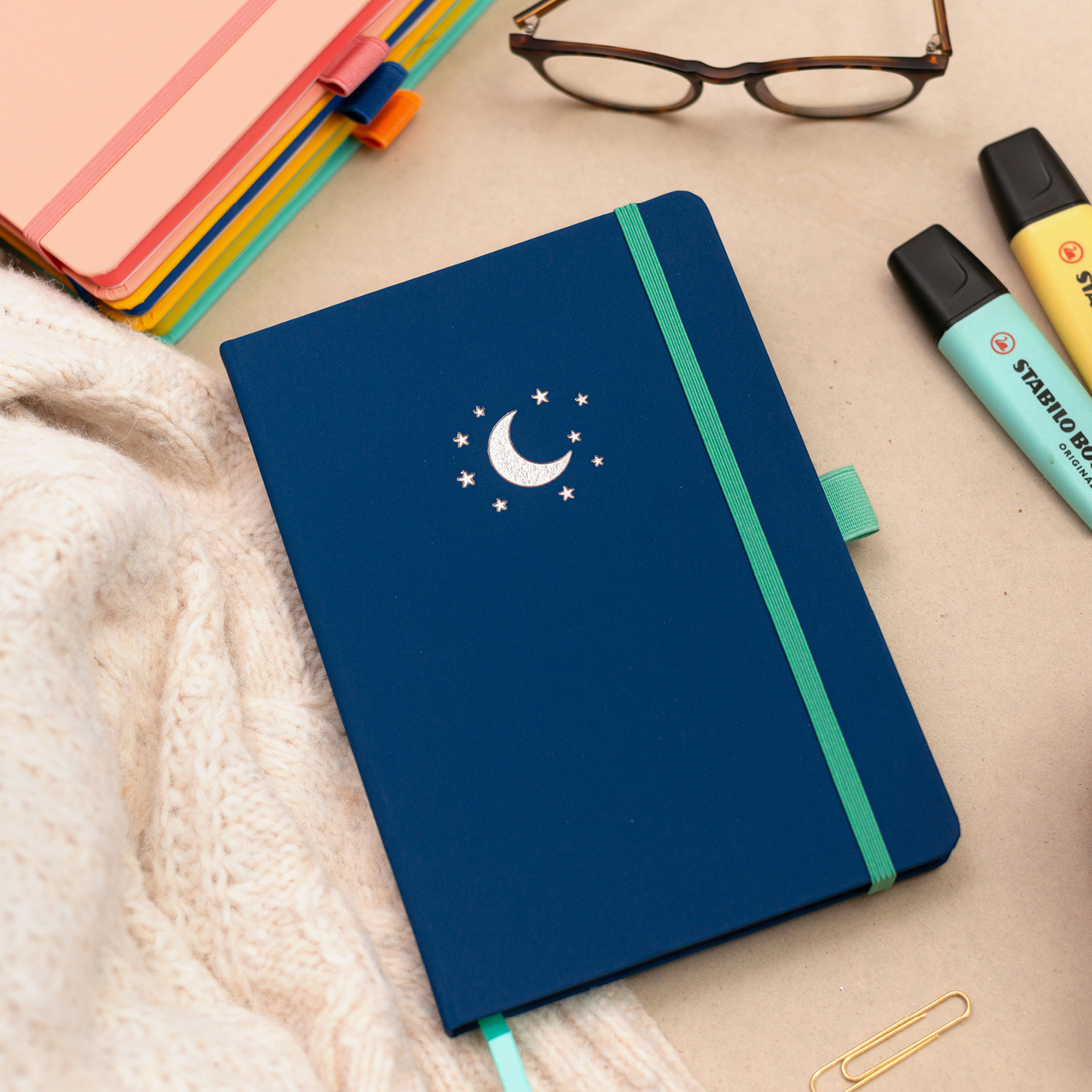 Pirongs Navy and Turquoise A5 Lined Notebook with Silver Foil Moon Icon