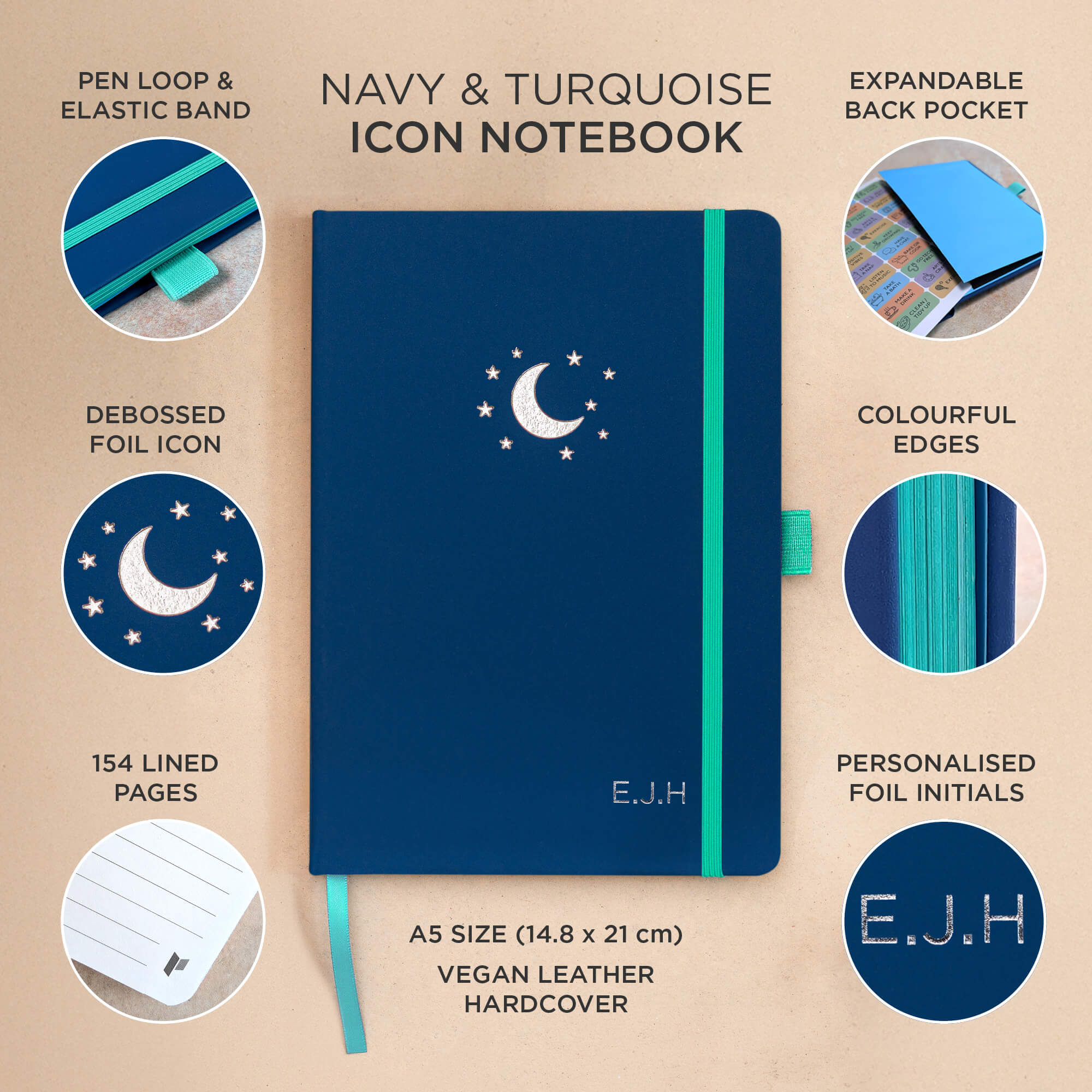 Pirongs Navy A5 Lined Notebook with Turquoise Pen Loop and Elastic Closure