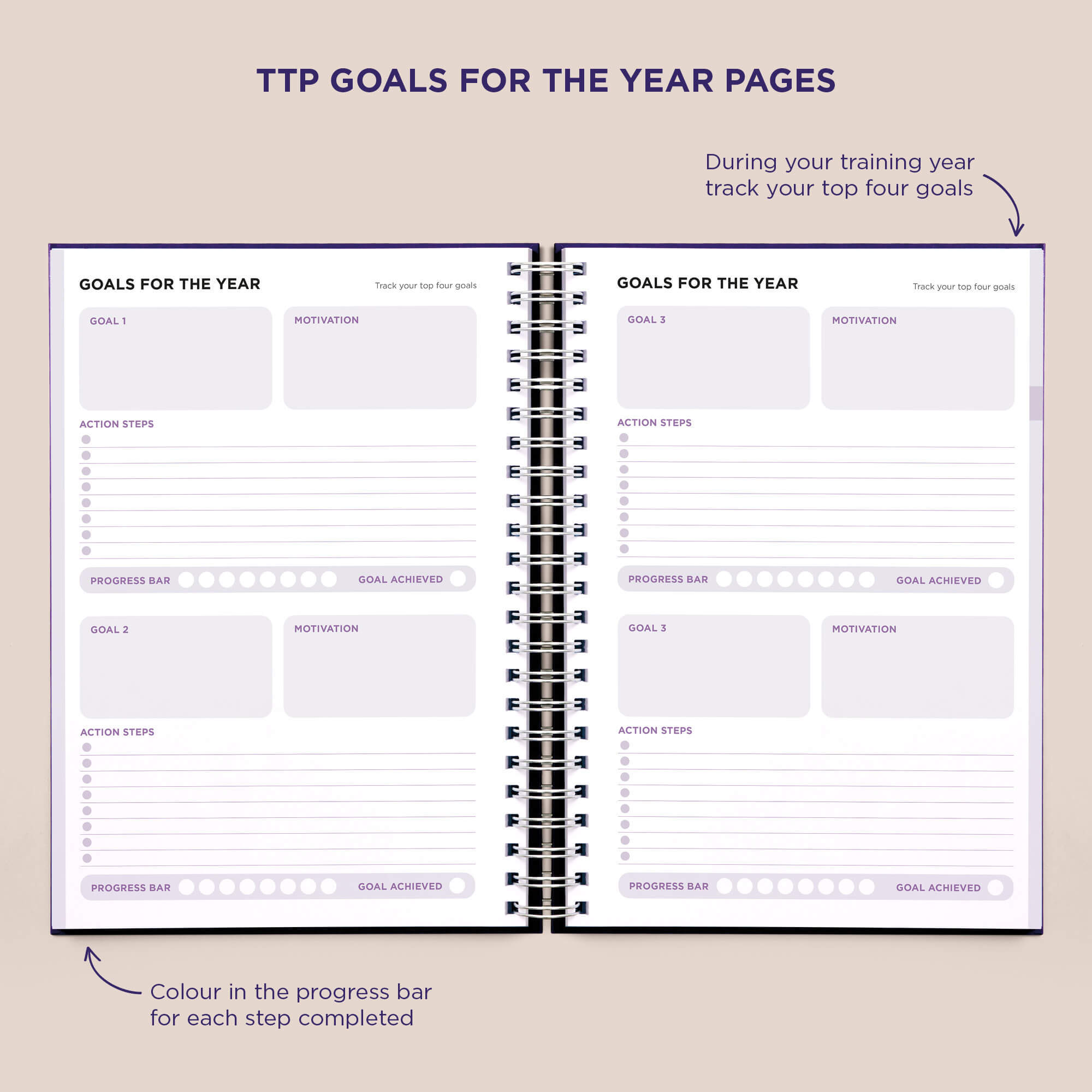 Inside Pirongs trainee teacher planner showing goals for the year pages