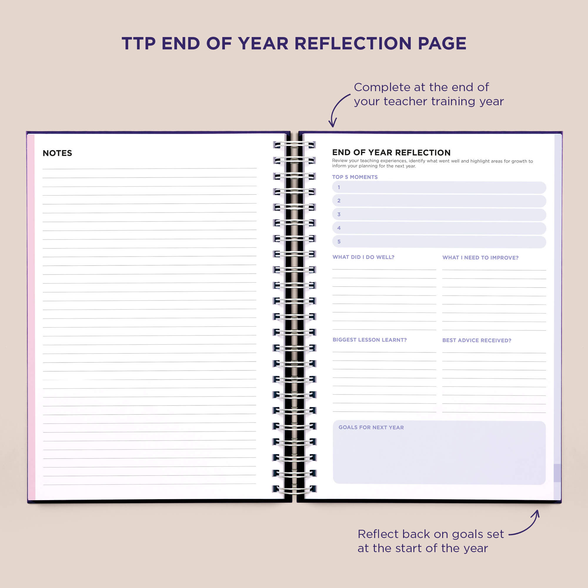Inside Pirongs trainee teacher planner showing end of year reflection pages