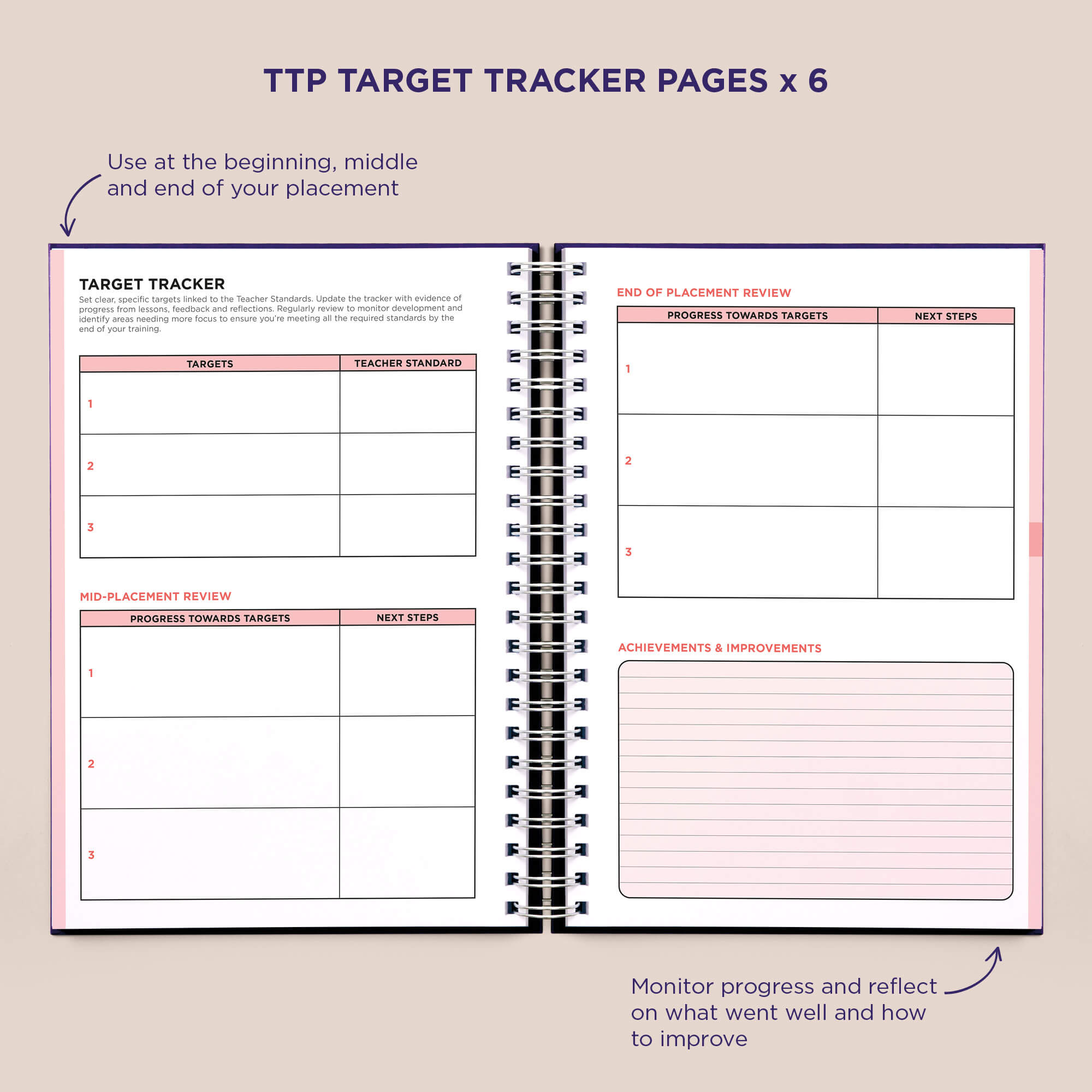 Inside Pirongs trainee teacher planner showing target tracker pages