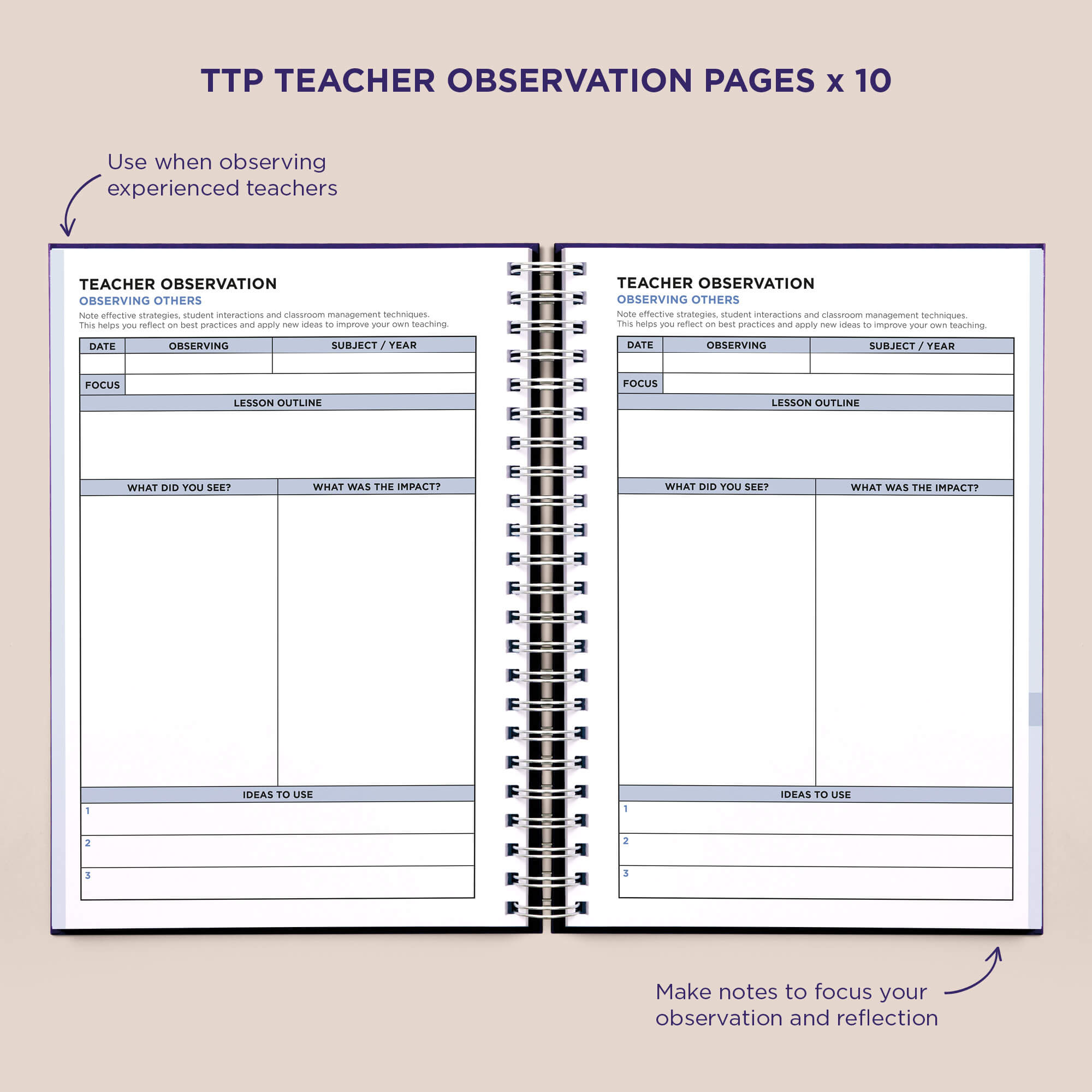 Inside Pirongs trainee teacher planner showing teacher observation pages