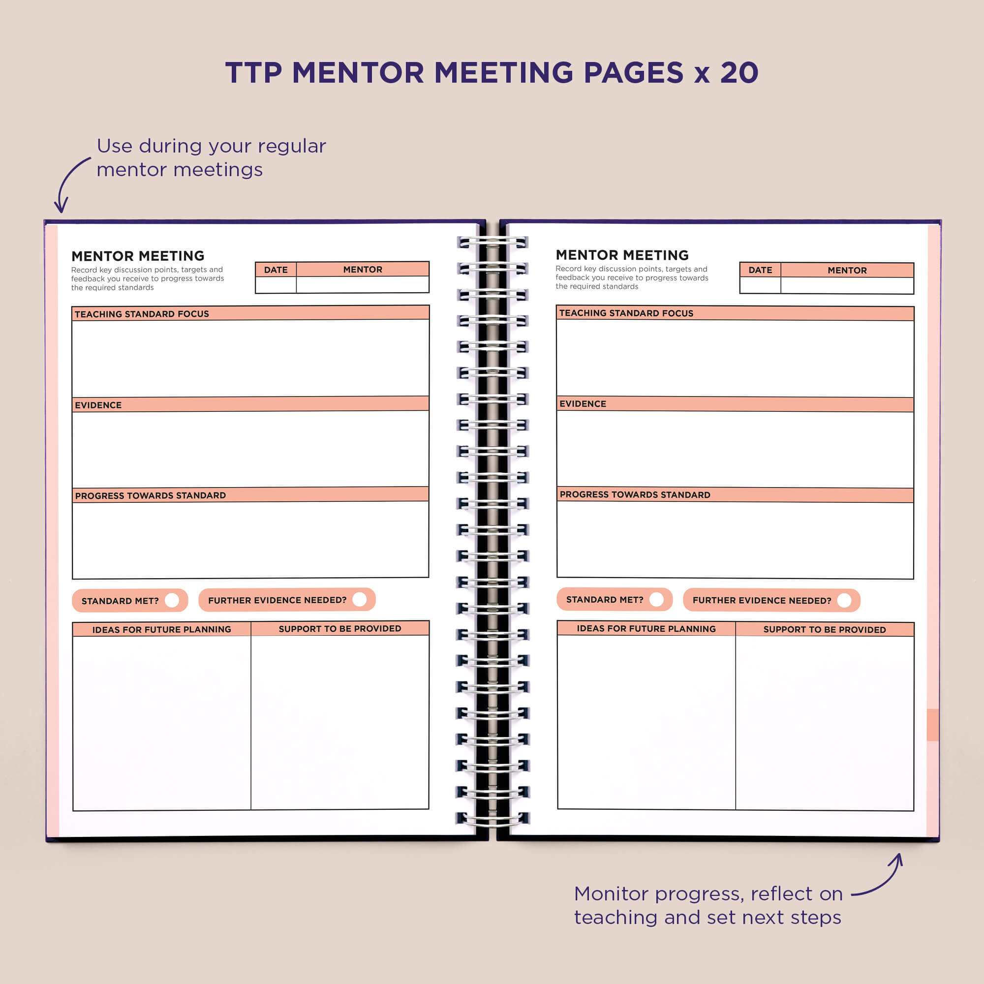Inside Pirongs trainee teacher planner showing mentor meeting pages