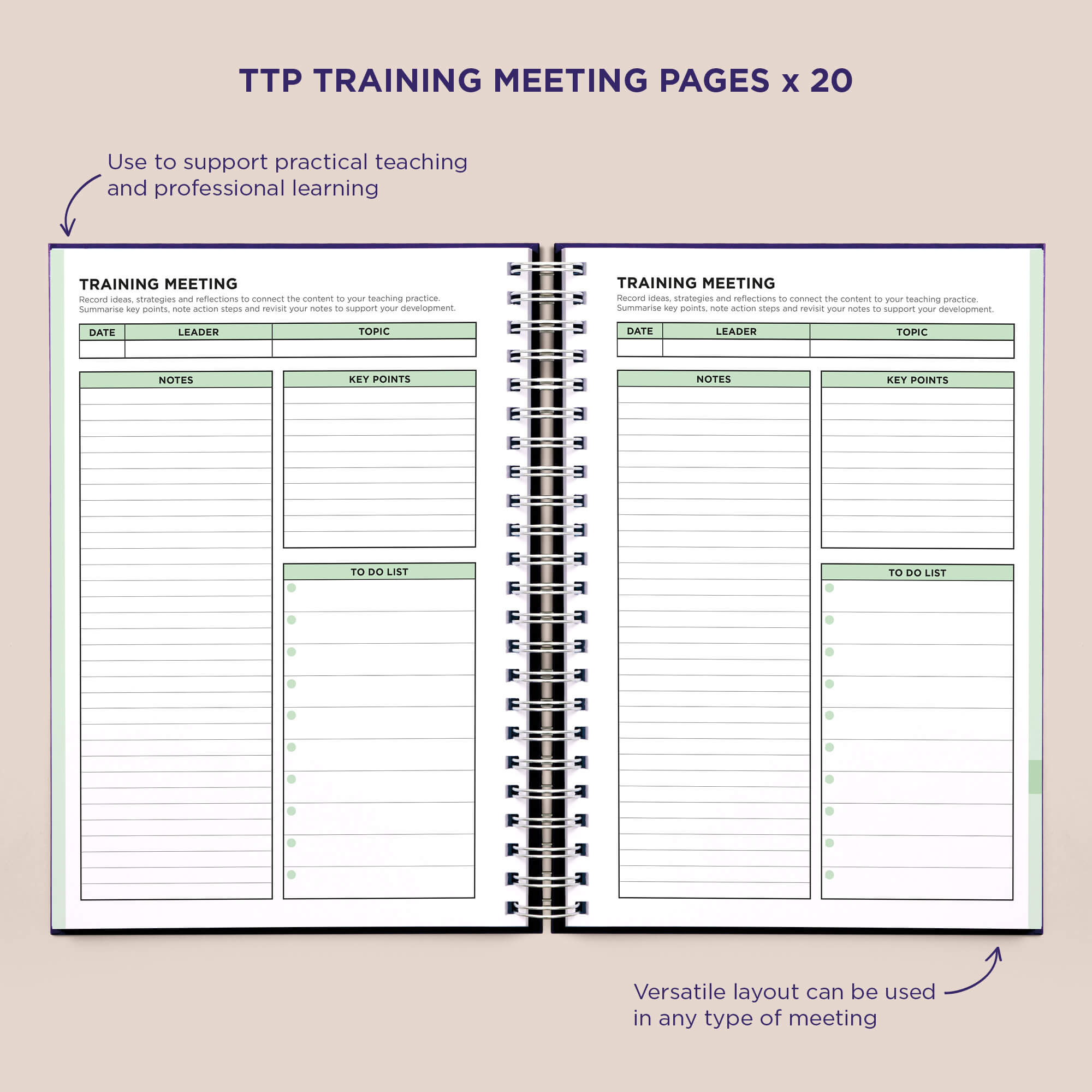 Inside Pirongs trainee teacher planner showing training meeting pages