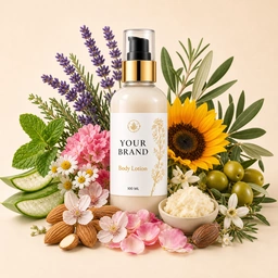 Private label body lotion with aloe vera, sunflower, sweet almond, shea butter and botanical ingredients